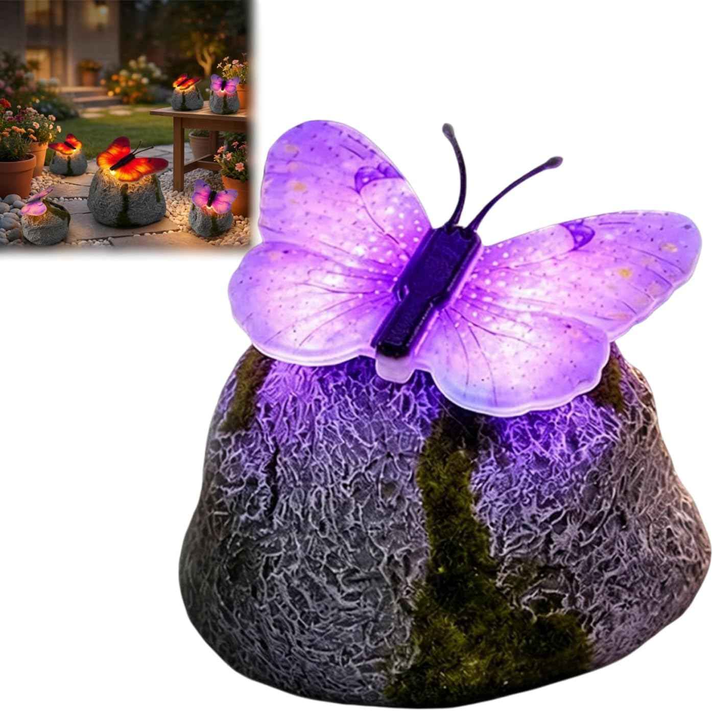 Genérico Illuminated Butterfly Stone Garden Light, Outdoor Solar Butterfly Glowing Landscape Rock, LED Waterproof Resin Decorative Lights for Patio Yard Lawn Pathway Porch Gifts