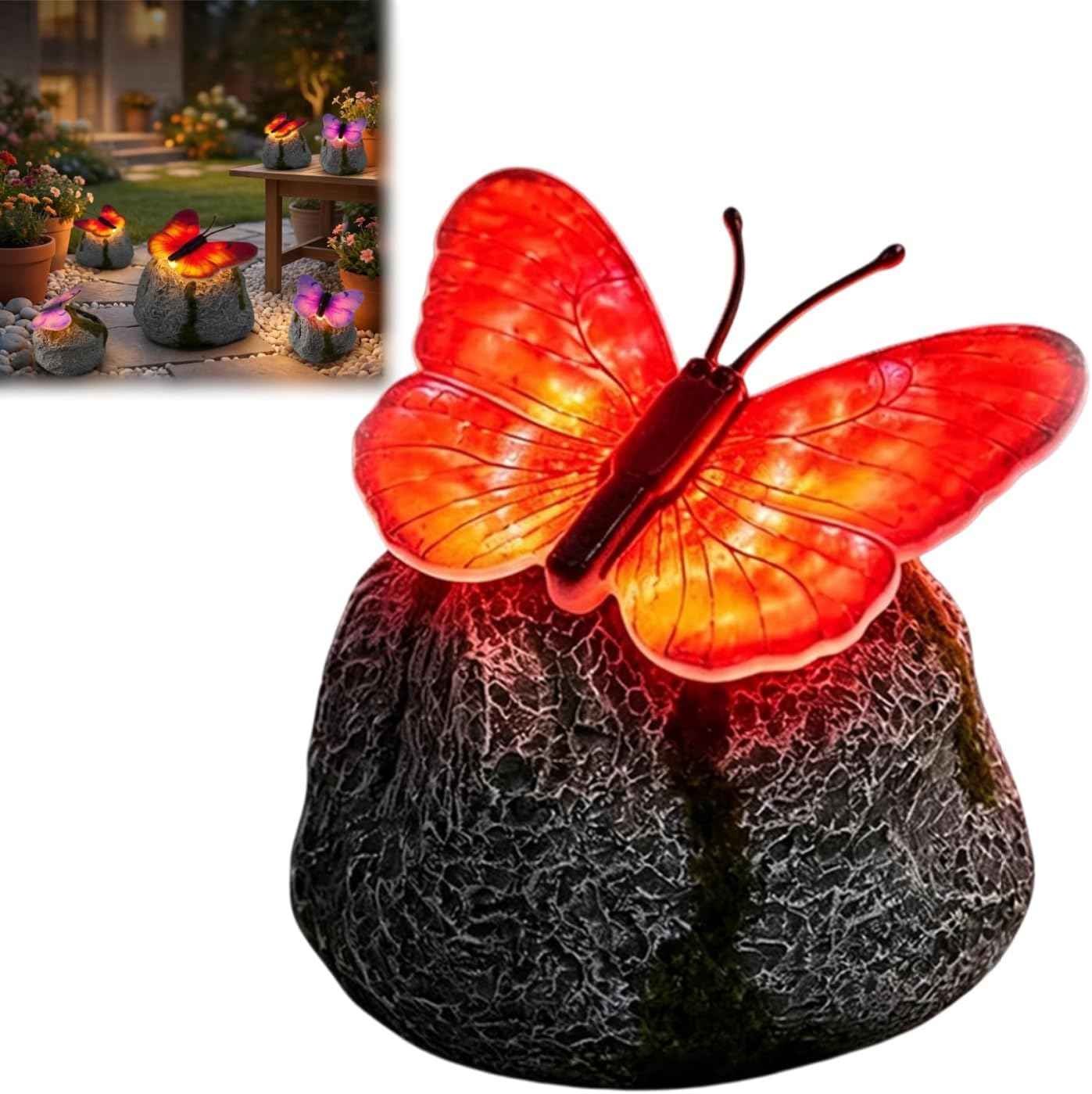 Genérico Illuminated Butterfly Stone Garden Light, Outdoor Solar Butterfly Glowing Landscape Rock, LED Waterproof Resin Decorative Lights for Patio Yard Lawn Pathway Porch Gifts