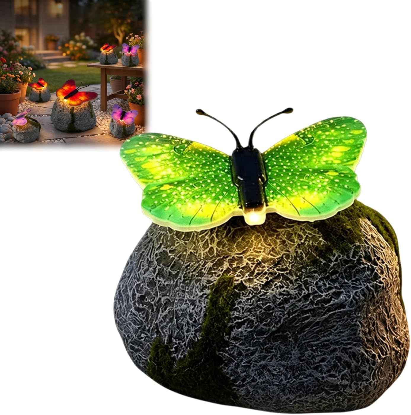 Genérico Illuminated Butterfly Stone Garden Light, Outdoor Solar Butterfly Glowing Landscape Rock, LED Waterproof Resin Decorative Lights for Patio Yard Lawn Pathway Porch Gifts