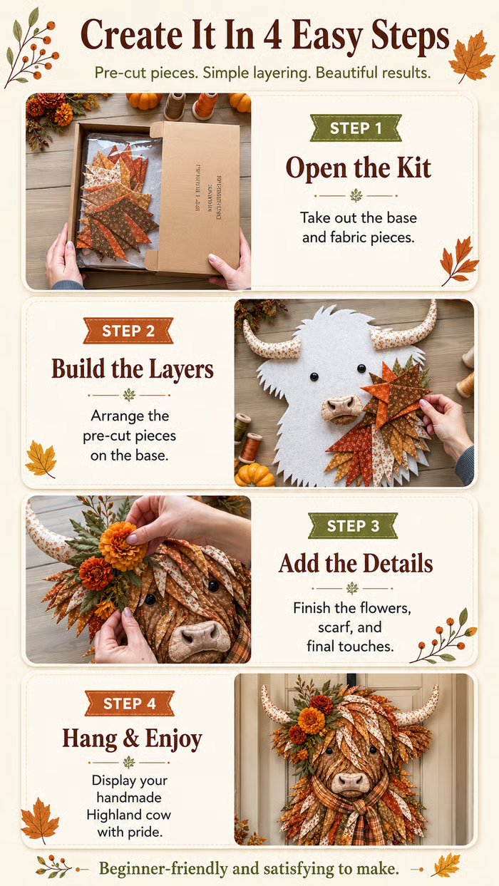 🔥 LAST DAY · 49% OFF Highland Cow 3D Fabric Art DIY Kit Pre-cut pieces—glue or stitch your own cozy birth-flower décor.