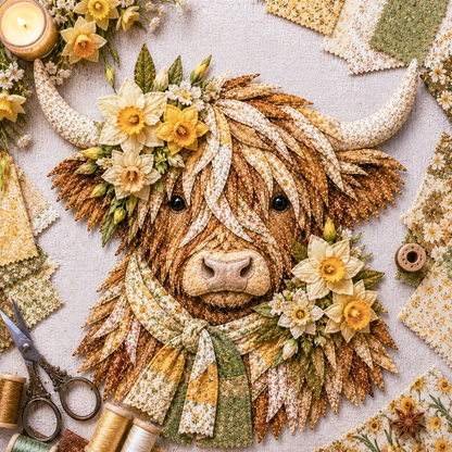 🔥 LAST DAY · 49% OFF Highland Cow 3D Fabric Art DIY Kit Pre-cut pieces—glue or stitch your own cozy birth-flower décor.